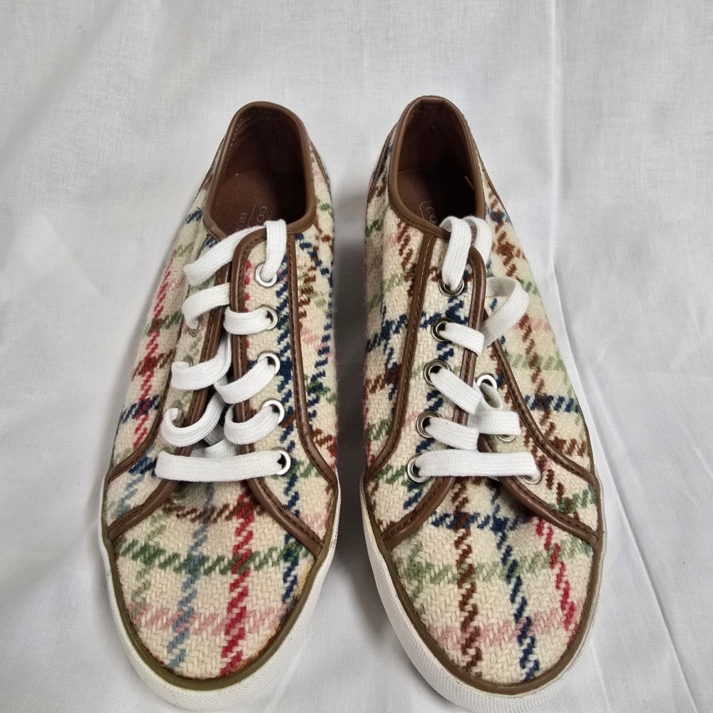 Coach Womens Plaid Wool Low Top Sneakers Brown Leather Trim Multi Color Lace Up
